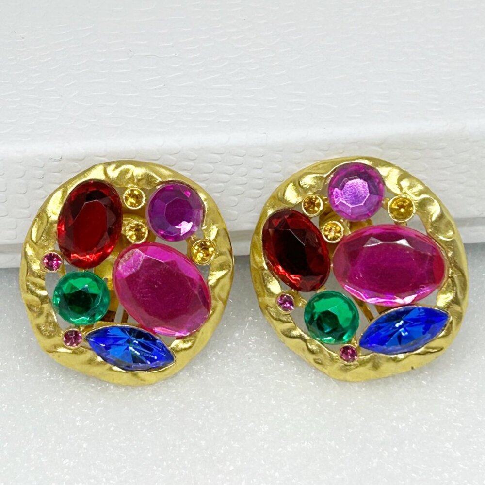 Vintage 80s Stye Gold-Tone Clip-On Statement Earrings w Multicolor Rhinestones